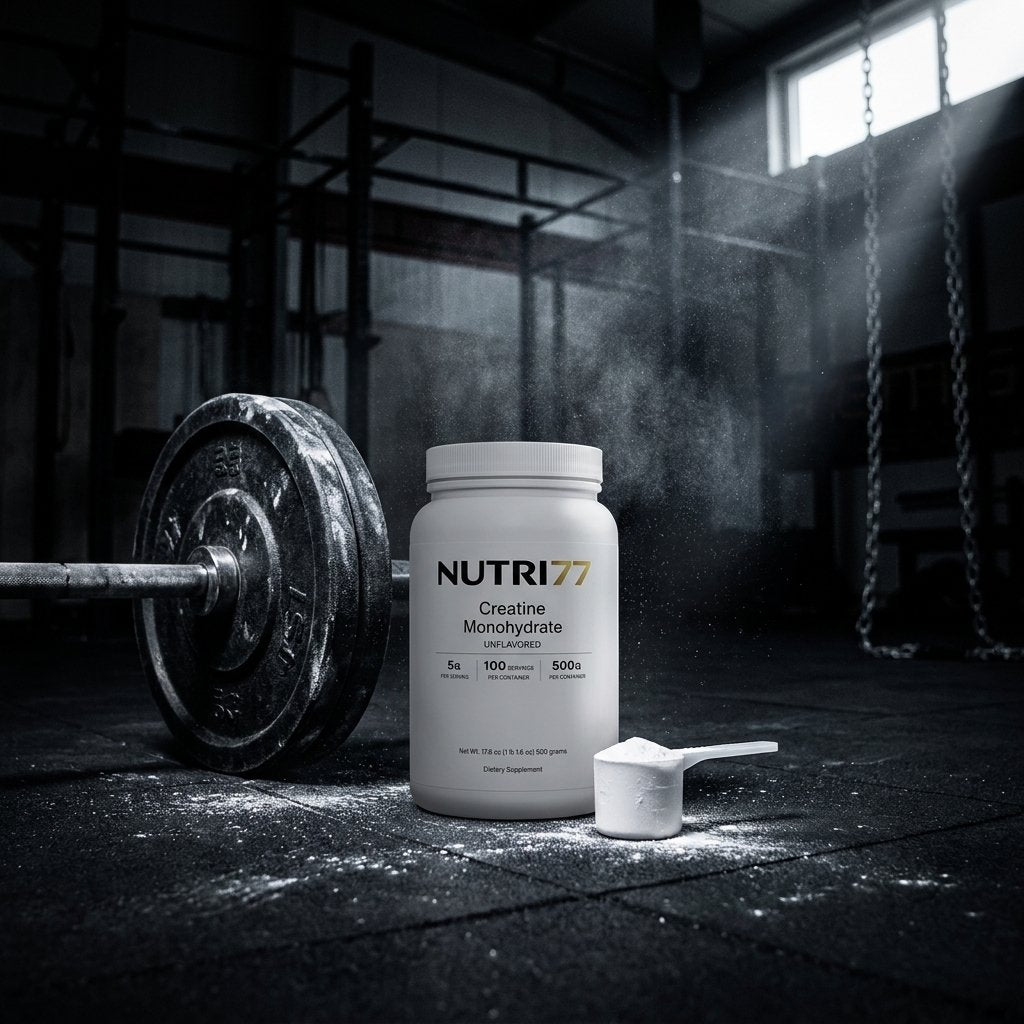 Nutri77 Creatine Monohydrate tub with scoop next to a barbell in a gym
