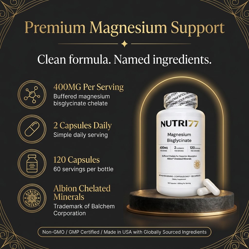 Nutri77 Magnesium Bisglycinate features: 400mg per serving, 120 capsules, Albion chelated minerals