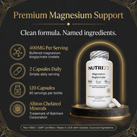 Nutri77 Magnesium Bisglycinate features: 400mg per serving, 120 capsules, Albion chelated minerals – image 5