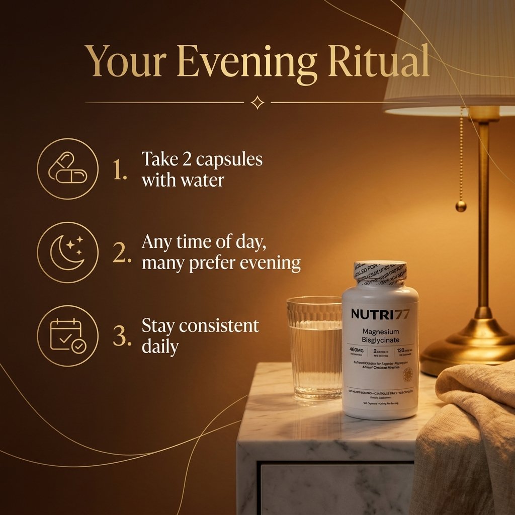 How to take Nutri77 Magnesium Bisglycinate: 2 capsules with water, any time of day