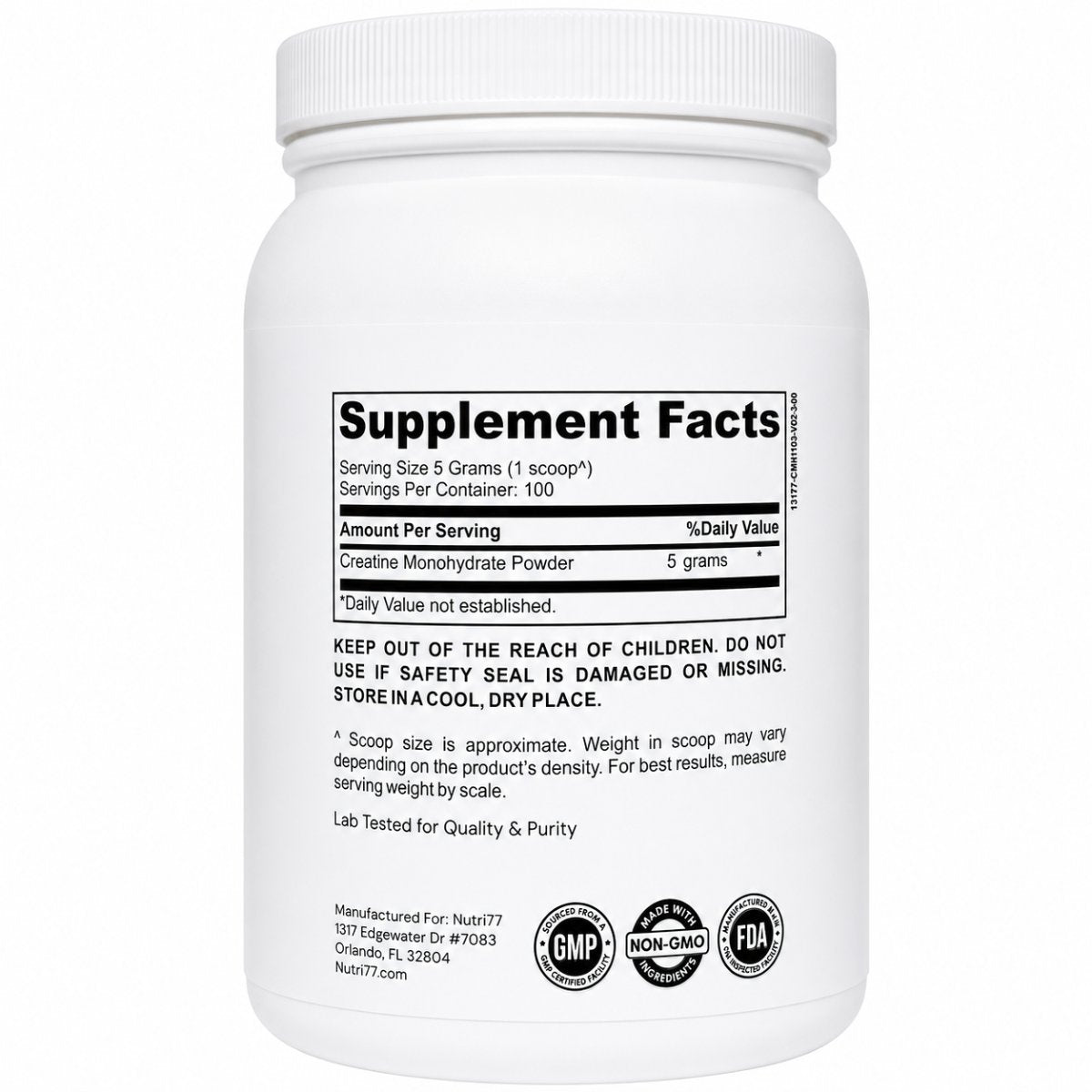 Nutri77 Creatine Monohydrate Supplement Facts label, back of tub