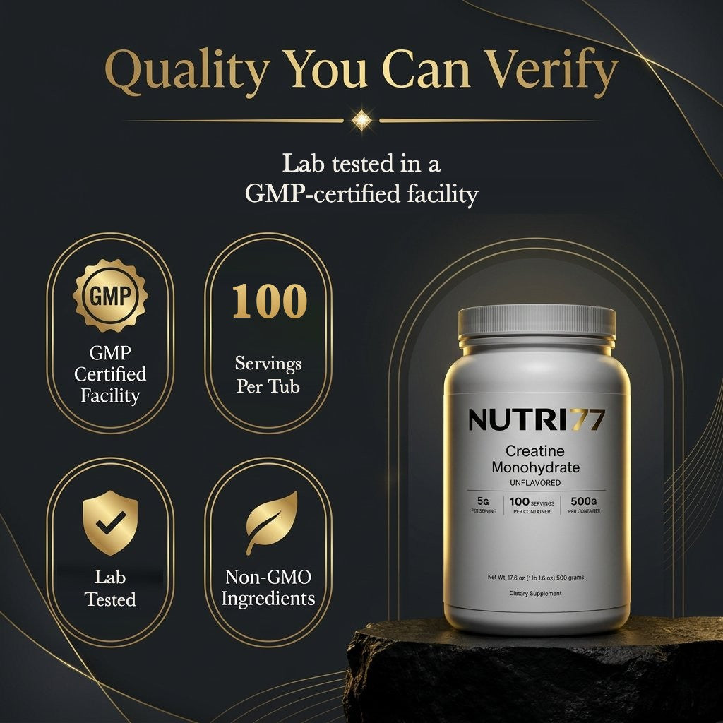 Nutri77 Creatine Monohydrate – lab tested, GMP-certified facility, non-GMO