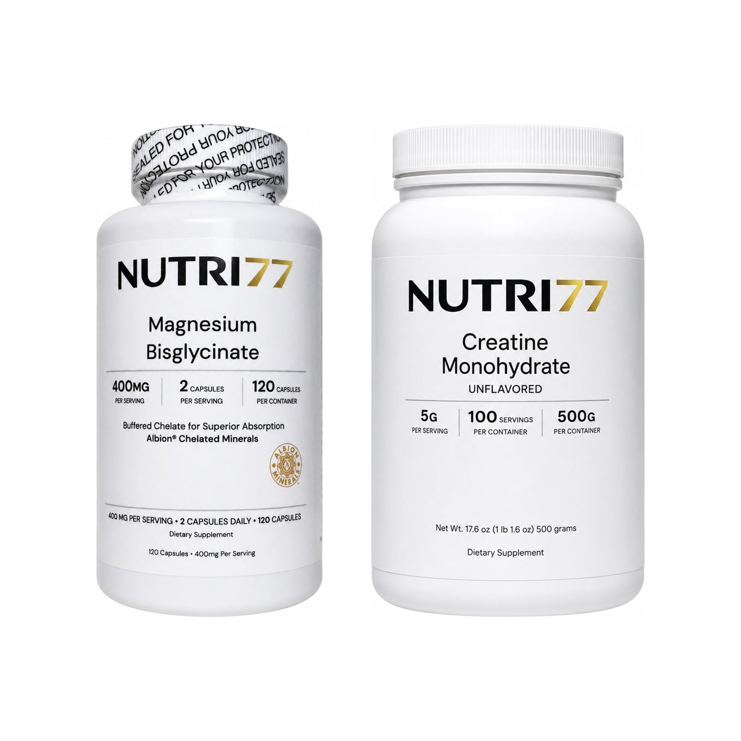 Magnesium glycinate and creatine monohydrate daily supplement stack bundle by Nutri77
