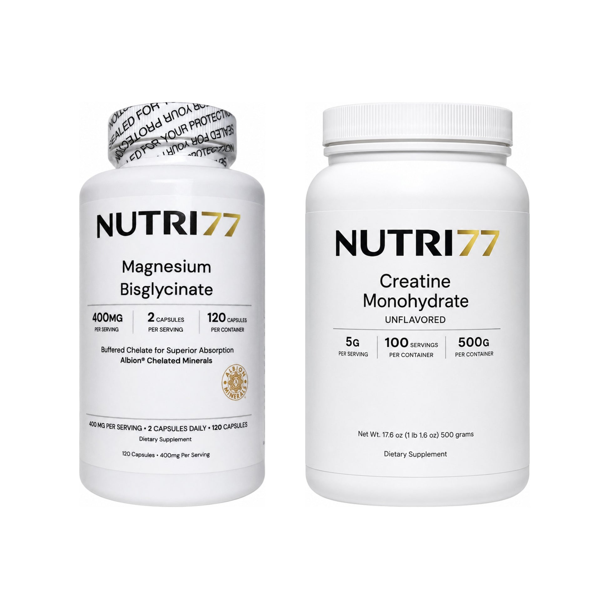 Magnesium glycinate and creatine monohydrate daily supplement stack bundle by Nutri77