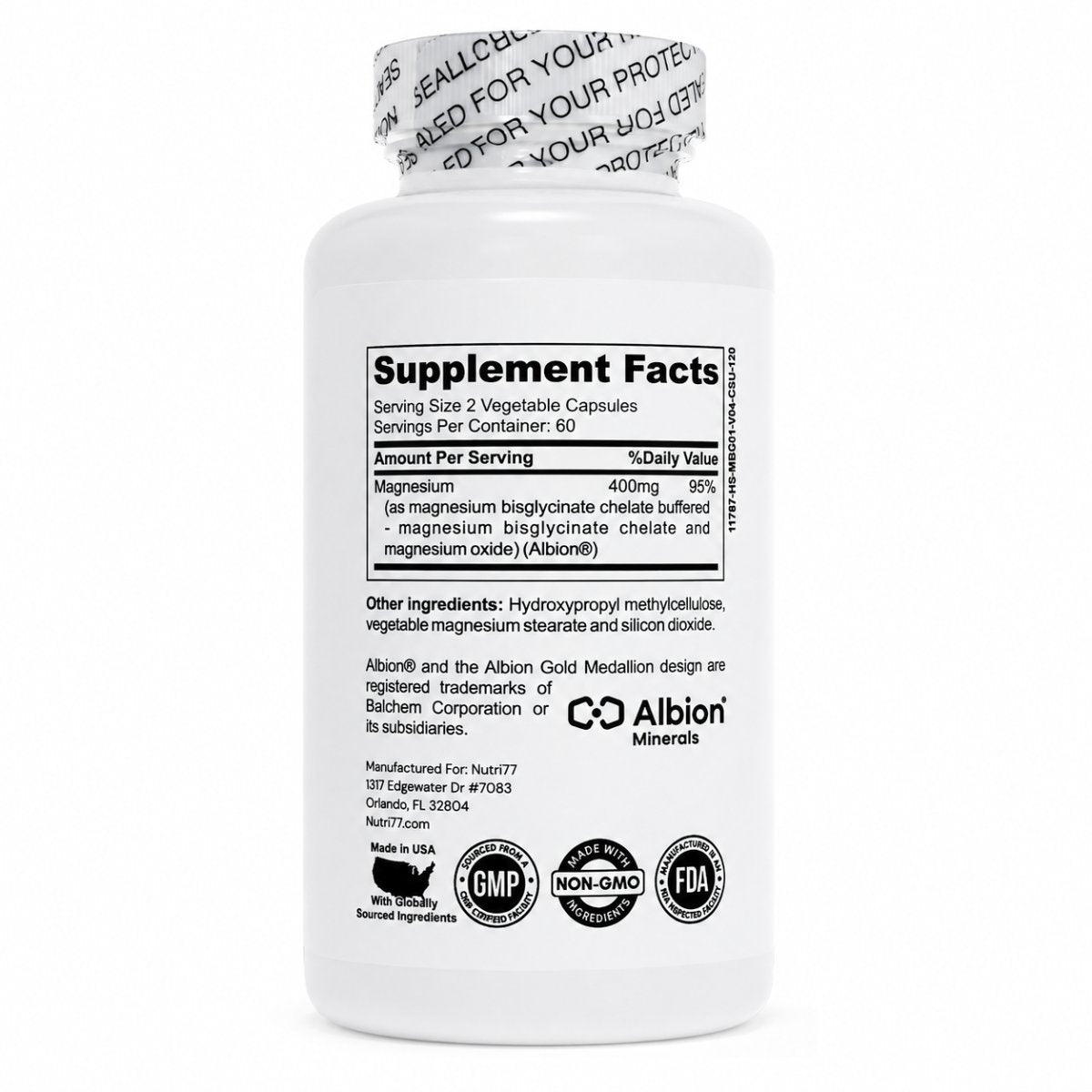 Nutri77 Magnesium Bisglycinate Supplement Facts label, back of bottle