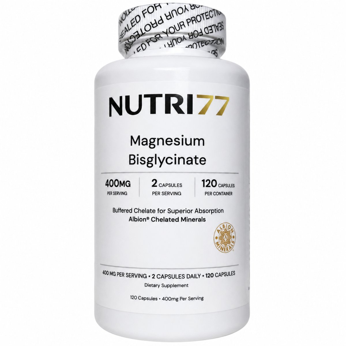 Nutri77 Magnesium Bisglycinate 400mg bottle, 120 vegetable capsules