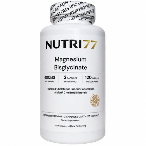 Nutri77 Magnesium Bisglycinate 400mg bottle, 120 vegetable capsules