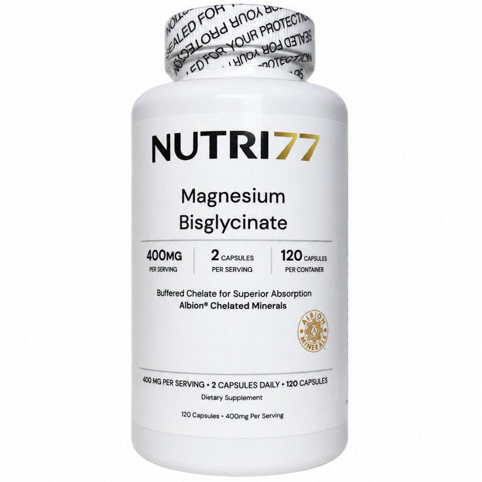 Nutri77 Magnesium Bisglycinate 400mg, 120 Vegetable Capsules - Chelated Magnesium Glycinate (Albion) + Magnesium Oxide - Magnesium Supplement for Women & Men - Non-GMO