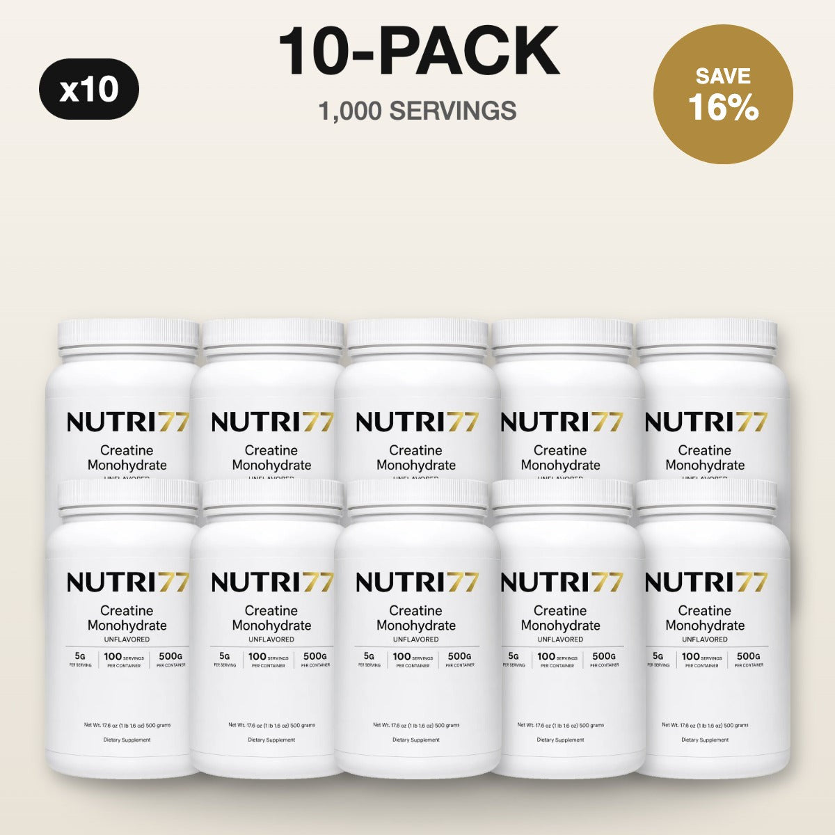 Nutri77 Creatine Monohydrate 10-pack, 1,000 servings