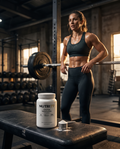 Fit woman training in the gym with Nutri77 Creatine Monohydrate on the bench