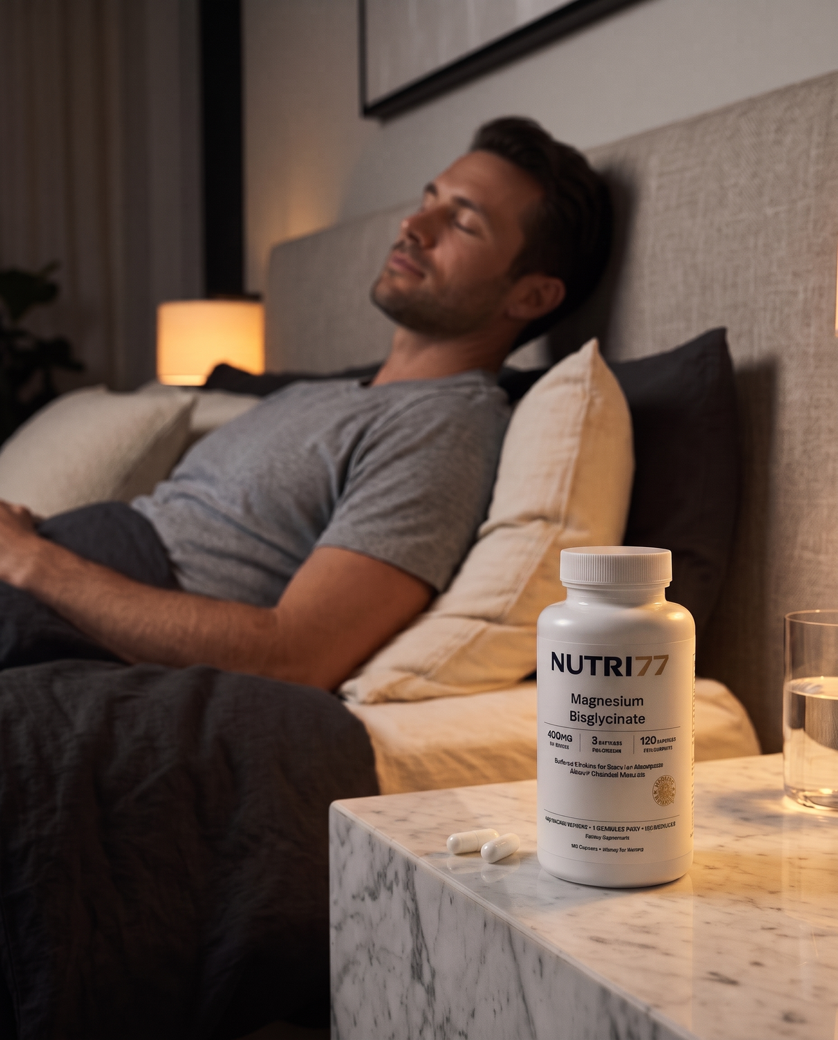 Man winding down in bed with Nutri77 Magnesium Bisglycinate on the nightstand